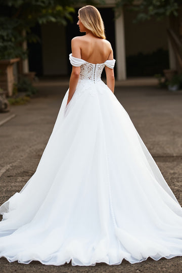 Off The Shoulder A Line White Wedding Dress with Slit